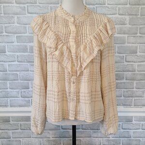 ZARA Textured Plaid Ruffle Long Sleeve Blouse Sm Cream Romantic Feminine Cottage